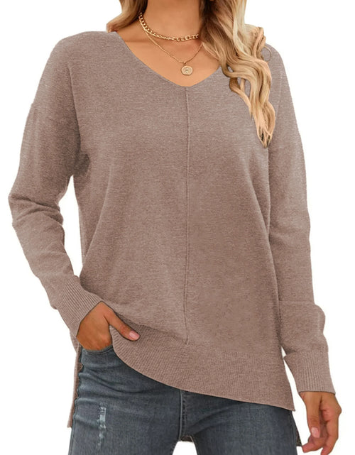 Load image into Gallery viewer, V Neck Sweaters for Women Fall Lightweight Knit Pullover Sweater Side Slits Tops
